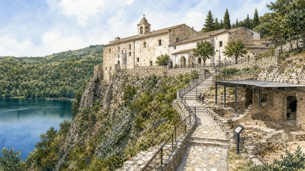 Melfi, Monticchio and the Vulture: Complete Guide 11 Original documentary watercolour of San Michele at Monticchio: abbey above the smaller lake in Melfi and the Vulture · Basilicata, showing accurate architecture, landscape and present-day use