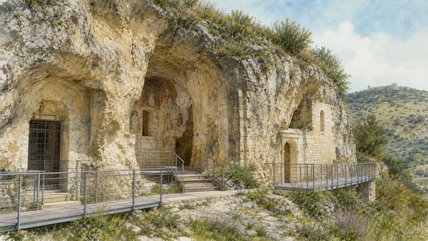 Melfi, Monticchio and the Vulture: Complete Guide 6 Original documentary watercolour of Santa Margherita: a painted rock church outside the walls in Melfi and the Vulture · Basilicata, showing accurate architecture, landscape and present-day use