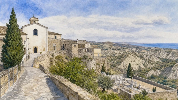 Original documentary watercolour of Aliano and the calanchi: political exile, literature and residence in Metaponto and the Ionian coast · Basilicata, showing accurate architecture, landscape and present-day use