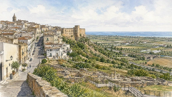 Original documentary watercolour of Bernalda: a later hill town above ancient Metaponto in Metaponto and the Ionian coast · Basilicata, showing accurate architecture, landscape and present-day use