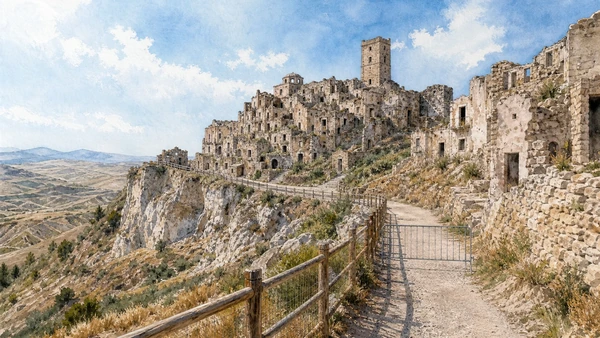 Original documentary watercolour of Craco: abandonment, safety and the limits of access in Metaponto and the Ionian coast · Basilicata, showing accurate architecture, landscape and present-day use