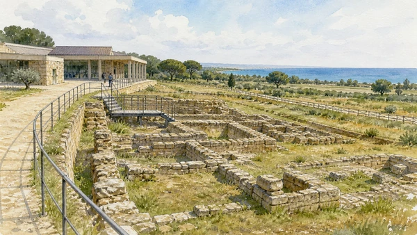 Original documentary watercolour of Siris-Herakleia Archaeological Park: two cities and later fields in Metaponto and the Ionian coast · Basilicata, showing accurate architecture, landscape and present-day use