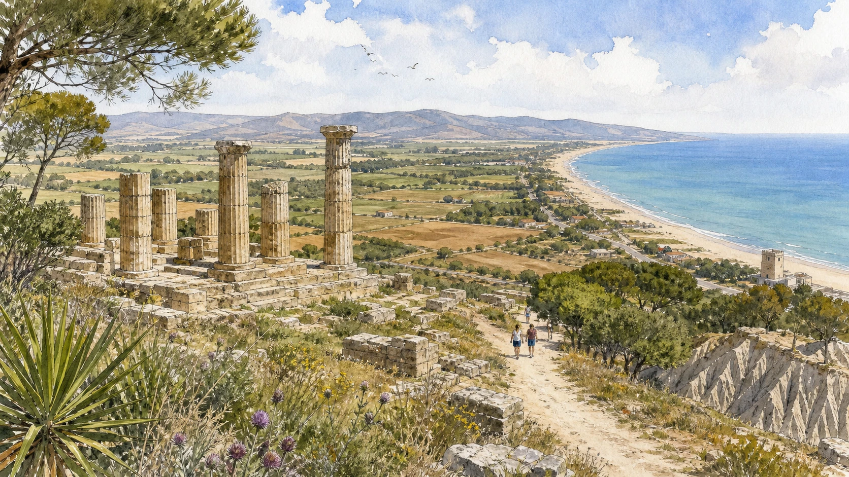 Original documentary watercolour panorama for Metaponto and the Ionian Coast: Complete Guide, with accurate Lucanian architecture, landscape and lived context