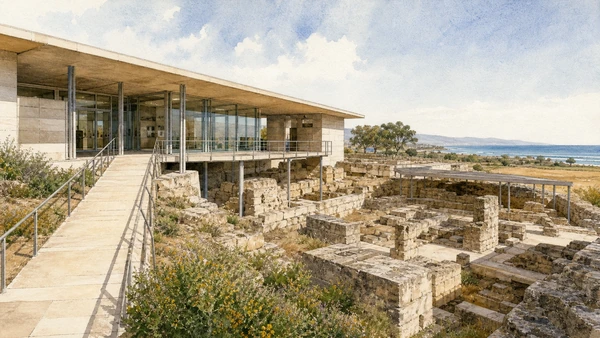 Original documentary watercolour of Metaponto Museum: territory before the temple photograph in Metaponto and the Ionian coast · Basilicata, showing accurate architecture, landscape and present-day use