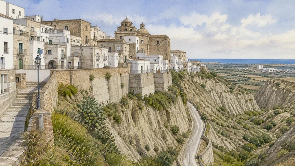 Original documentary watercolour of Pisticci: white houses above unstable clay in Metaponto and the Ionian coast · Basilicata, showing accurate architecture, landscape and present-day use