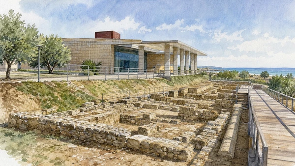 Original documentary watercolour of Museo della Siritide: Indigenous and Greek worlds around Policoro in Metaponto and the Ionian coast · Basilicata, showing accurate architecture, landscape and present-day use