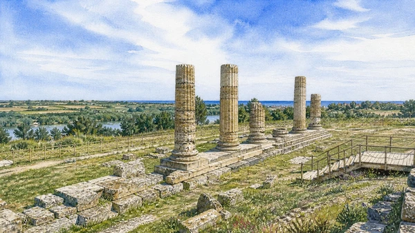 Original documentary watercolour of Tavole Palatine: surviving columns in a changed river plain in Metaponto and the Ionian coast · Basilicata, showing accurate architecture, landscape and present-day use
