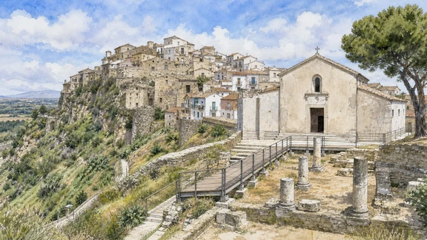 Original documentary watercolour of Tursi, the Rabatana and Anglona in Metaponto and the Ionian coast · Basilicata, showing accurate architecture, landscape and present-day use