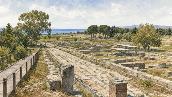Original documentary watercolour of Metaponto Archaeological Park: streets, sanctuaries and an agricultural city in Metaponto and the Ionian coast · Basilicata, showing accurate architecture, landscape and present-day use