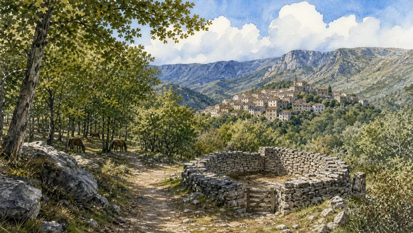 Original documentary watercolour of Bosco Magnano and San Severino Lucano in Pollino and Val Sarmento · Basilicata, showing accurate architecture, landscape and present-day use