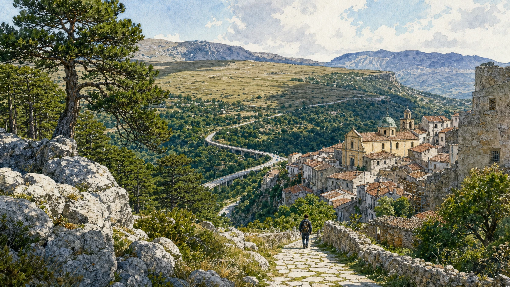 Original documentary watercolour panorama for Pollino and the Arbëreshë Villages: Complete Guide, with accurate Lucanian architecture, landscape and lived context