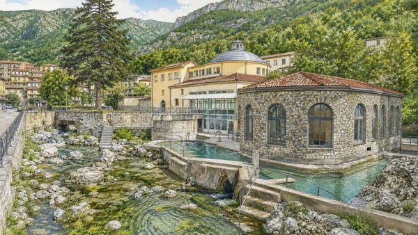 Original documentary watercolour of Latronico: thermal history at the western edge of Pollino in Pollino and Val Sarmento · Basilicata, showing accurate architecture, landscape and present-day use