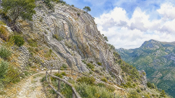 Original documentary watercolour of Timpa di Pietrasasso: a fragment of ancient ocean floor in Pollino and Val Sarmento · Basilicata, showing accurate architecture, landscape and present-day use
