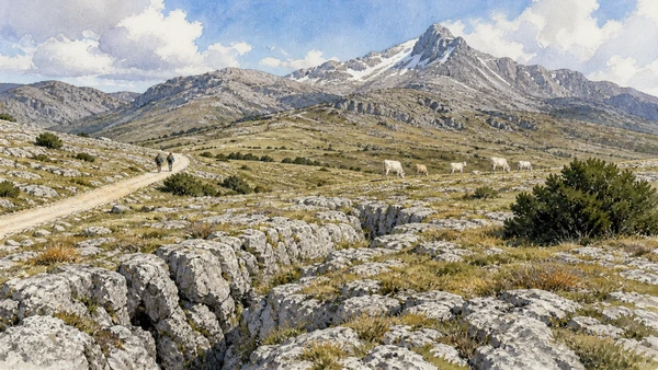 Original documentary watercolour of The Pollino plateaux and Serra Dolcedorme in Pollino and Val Sarmento · Basilicata, showing accurate architecture, landscape and present-day use
