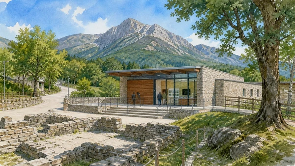 Original documentary watercolour of Rotonda: park headquarters and natural history in Pollino and Val Sarmento · Basilicata, showing accurate architecture, landscape and present-day use