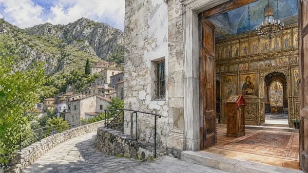 Original documentary watercolour of San Costantino Albanese: iconostasis and a living Byzantine rite in Pollino and Val Sarmento · Basilicata, showing accurate architecture, landscape and present-day use