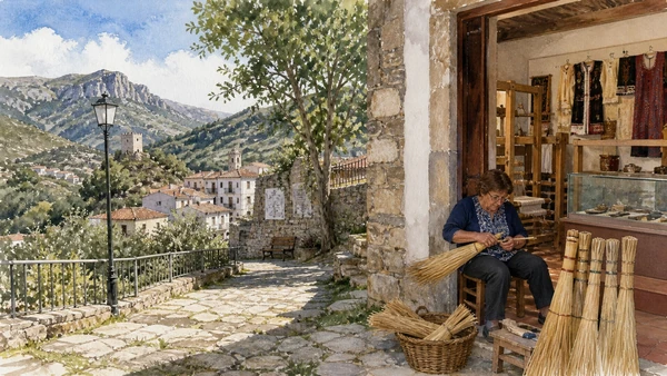 Original documentary watercolour of San Paolo Albanese: museum, language and broom-fibre work in Pollino and Val Sarmento · Basilicata, showing accurate architecture, landscape and present-day use