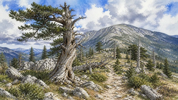 Original documentary watercolour of Serra di Crispo and the pino loricato in Pollino and Val Sarmento · Basilicata, showing accurate architecture, landscape and present-day use