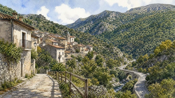 Original documentary watercolour of Terranova di Pollino: gateway to the upper Sarmento in Pollino and Val Sarmento · Basilicata, showing accurate architecture, landscape and present-day use