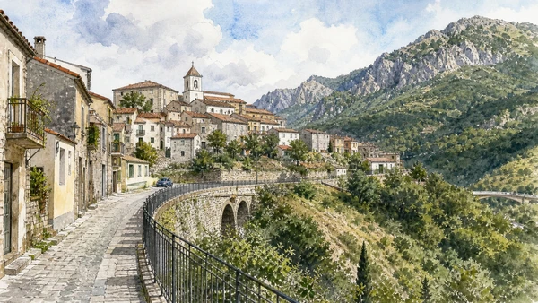 Original documentary watercolour of Viggianello: a mountain town inside the park in Pollino and Val Sarmento · Basilicata, showing accurate architecture, landscape and present-day use