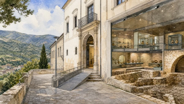 Potenza and the Lucanian Apennines: Complete Guide 6 Original documentary watercolour of Dinu Adamesteanu Museum: a regional archaeology in one palace in Potenza and the central Apennines · Basilicata, showing accurate architecture, landscape and present-day use