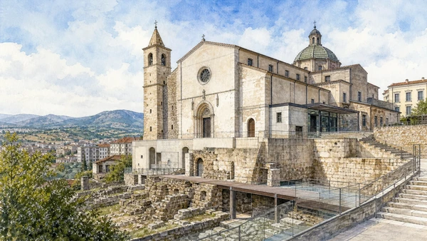 Potenza and the Lucanian Apennines: Complete Guide 3 Original documentary watercolour of San Gerardo Cathedral: rebuilding on the highest point in Potenza and the central Apennines · Basilicata, showing accurate architecture, landscape and present-day use