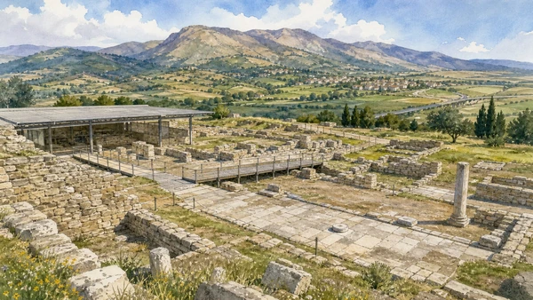 Potenza and the Lucanian Apennines: Complete Guide 11 Original documentary watercolour of Grumentum: Roman city in the upper Agri valley in Potenza and the central Apennines · Basilicata, showing accurate architecture, landscape and present-day use