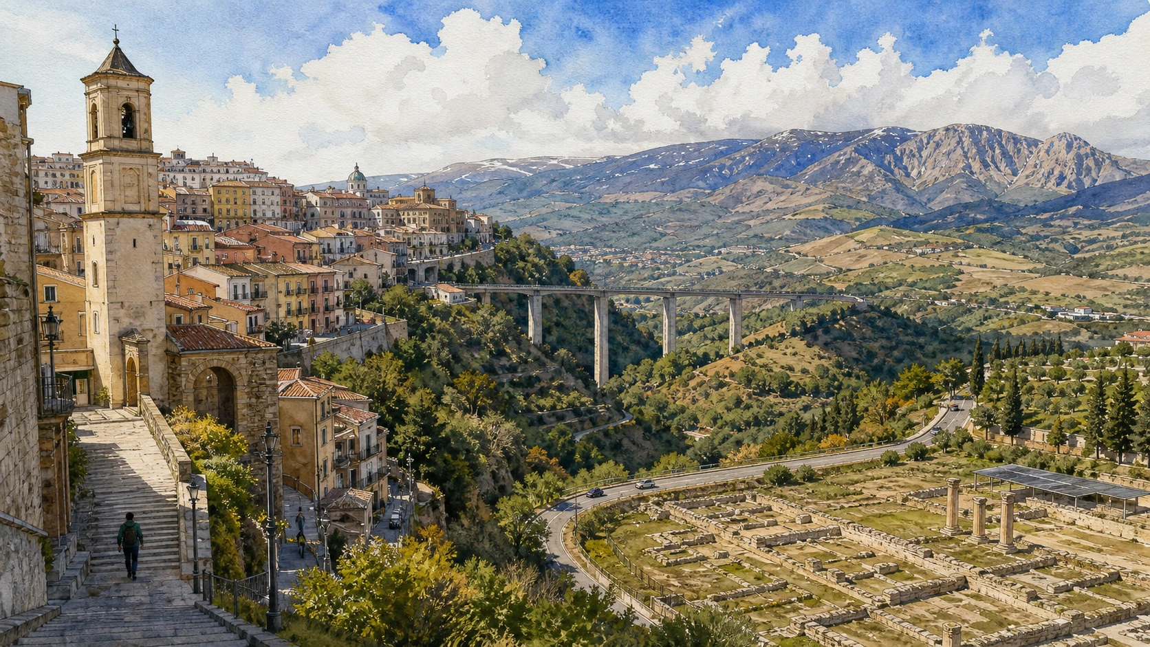 Potenza and the Lucanian Apennines: Complete Guide 1 Original documentary watercolour panorama for Potenza and the Lucanian Apennines: Complete Guide, with accurate Lucanian architecture, landscape and lived context