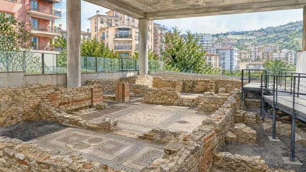 Potenza and the Lucanian Apennines: Complete Guide 10 Original documentary watercolour of Villa of Malvaccaro: Roman rooms inside modern Potenza in Potenza and the central Apennines · Basilicata, showing accurate architecture, landscape and present-day use