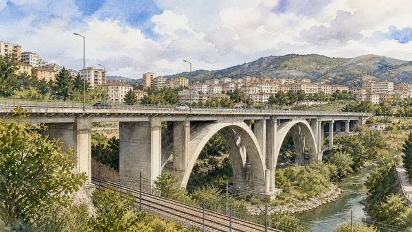 Potenza and the Lucanian Apennines: Complete Guide 9 Original documentary watercolour of Musmeci Bridge: concrete structure as urban landscape in Potenza and the central Apennines · Basilicata, showing accurate architecture, landscape and present-day use