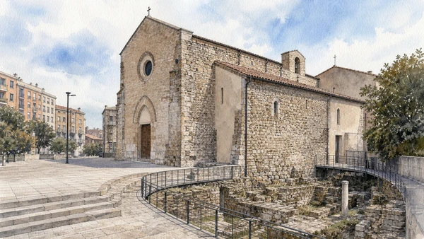 Potenza and the Lucanian Apennines: Complete Guide 4 Original documentary watercolour of San Francesco: a medieval church beside the modern square in Potenza and the central Apennines · Basilicata, showing accurate architecture, landscape and present-day use