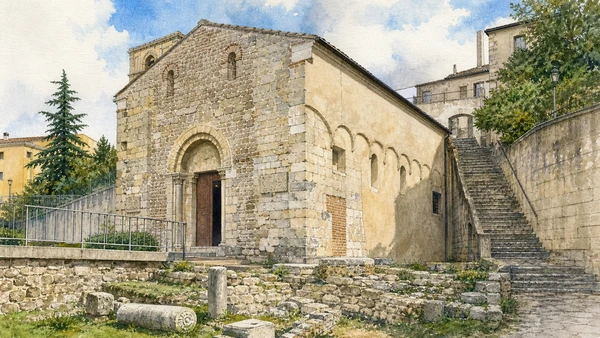Potenza and the Lucanian Apennines: Complete Guide 5 Original documentary watercolour of San Michele Arcangelo: Romanesque scale inside the city in Potenza and the central Apennines · Basilicata, showing accurate architecture, landscape and present-day use