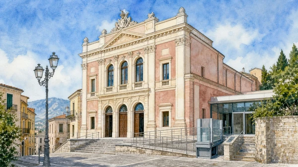 Potenza and the Lucanian Apennines: Complete Guide 7 Original documentary watercolour of Teatro Francesco Stabile: a small opera house in civic use in Potenza and the central Apennines · Basilicata, showing accurate architecture, landscape and present-day use