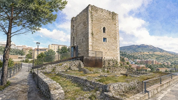 Potenza and the Lucanian Apennines: Complete Guide 8 Original documentary watercolour of Torre Guevara: the remnant of a lost castle in Potenza and the central Apennines · Basilicata, showing accurate architecture, landscape and present-day use