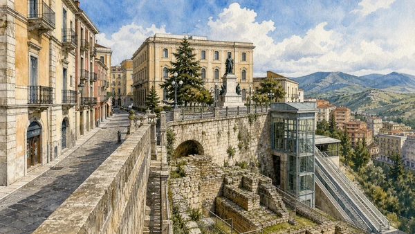 Potenza and the Lucanian Apennines: Complete Guide 2 Original documentary watercolour of Via Pretoria and Piazza Mario Pagano: the civic ridge in Potenza and the central Apennines · Basilicata, showing accurate architecture, landscape and present-day use