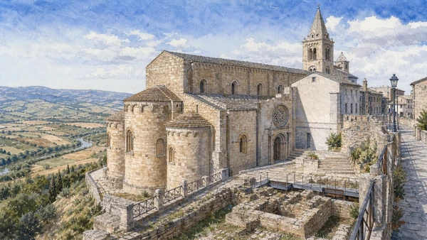 Original documentary watercolour of Acerenza Cathedral: Norman scale above the Bradano landscape in Venosa and the Upper Bradano · Basilicata, showing accurate architecture, landscape and present-day use