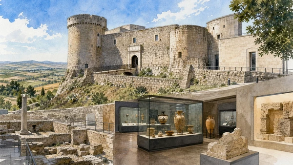 Original documentary watercolour of Pirro del Balzo Castle and the Mario Torelli Museum in Venosa and the Upper Bradano · Basilicata, showing accurate architecture, landscape and present-day use