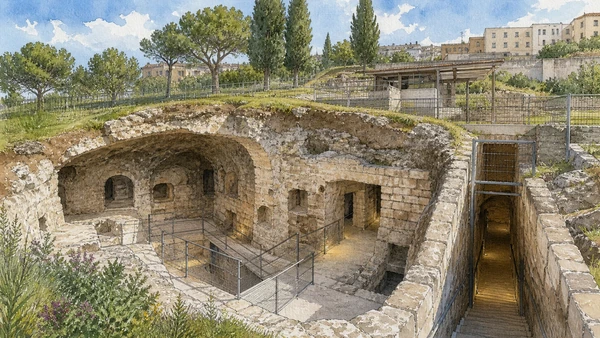 Original documentary watercolour of Jewish and Christian catacombs: protected communities below the hill in Venosa and the Upper Bradano · Basilicata, showing accurate architecture, landscape and present-day use