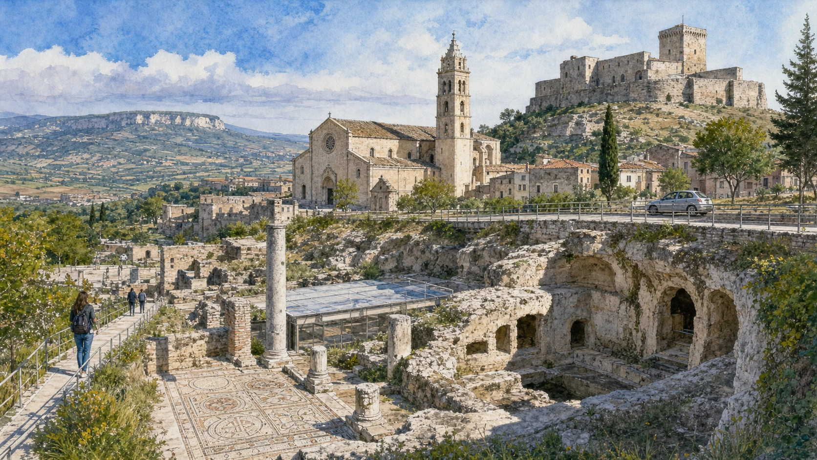 Original documentary watercolour panorama for Venosa and the Upper Bradano: Complete Guide, with accurate Lucanian architecture, landscape and lived context