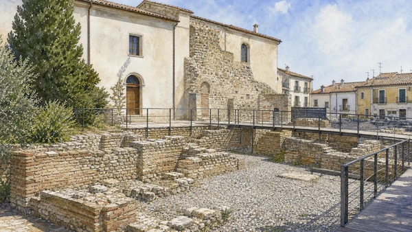 Original documentary watercolour of The so-called House of Horace: tradition beside Roman fabric in Venosa and the Upper Bradano · Basilicata, showing accurate architecture, landscape and present-day use