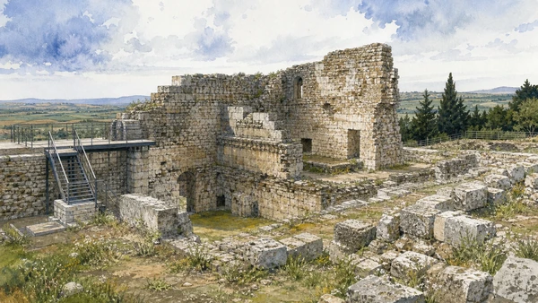 Original documentary watercolour of The Incompiuta: construction stopped, landscape continued in Venosa and the Upper Bradano · Basilicata, showing accurate architecture, landscape and present-day use