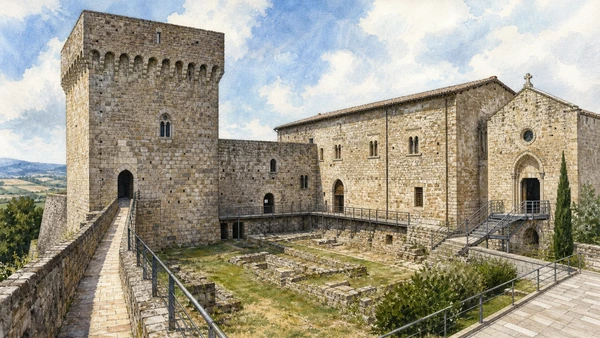 Original documentary watercolour of Lagopesole Castle: royal residence and later political memory in Venosa and the Upper Bradano · Basilicata, showing accurate architecture, landscape and present-day use