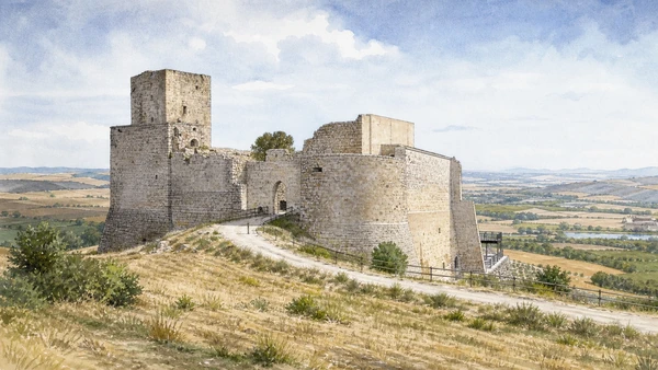 Original documentary watercolour of Monteserico Castle: a solitary fortress in cultivated land in Venosa and the Upper Bradano · Basilicata, showing accurate architecture, landscape and present-day use