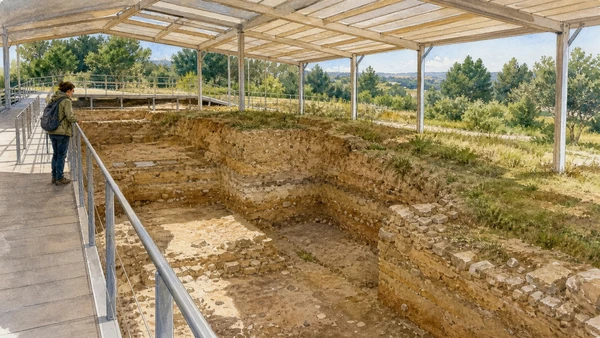 Original documentary watercolour of Notarchirico: Palaeolithic evidence under controlled cover in Venosa and the Upper Bradano · Basilicata, showing accurate architecture, landscape and present-day use