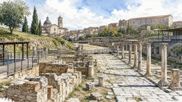 Original documentary watercolour of Venosa Archaeological Park: the Roman city beyond the modern street in Venosa and the Upper Bradano · Basilicata, showing accurate architecture, landscape and present-day use