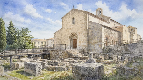 Original documentary watercolour of Santissima Trinità: Roman remains, early church and Norman memory in Venosa and the Upper Bradano · Basilicata, showing accurate architecture, landscape and present-day use