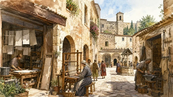 Bevagna: Roman Mevania and Medieval Crafts 11 Original documentary watercolour showing The Gaite and medieval craft workshops in its Bevagna urban or landscape context