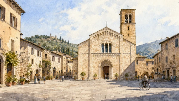 Bevagna: Roman Mevania and Medieval Crafts 7 Original documentary watercolour showing Church of San Michele Arcangelo in its Bevagna urban or landscape context