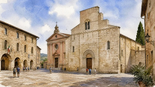 Bevagna: Roman Mevania and Medieval Crafts 6 Original documentary watercolour showing Church of San Silvestro in its Bevagna urban or landscape context