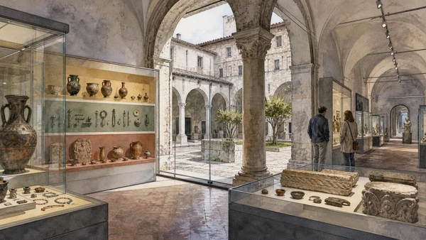 Original documentary watercolour of Brettii and Enotri Museum: the city before Rome in Cosenza · Calabria, showing accurate architecture, landscape, people and present-day use